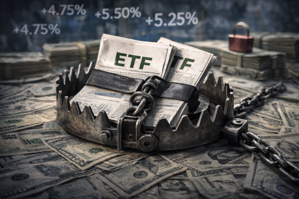 Mécanisme métallique tendu et verrouillé sur une surface minérale, illustrant une liquidité apparente qui devient rigide et conditionnelle sous l’effet de contraintes structurelles accrues.
