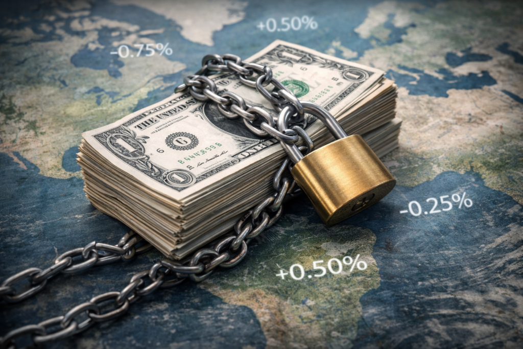 Liasse de billets en dollars américains solidement maintenue par une chaîne et un cadenas, posée sur une carte du monde, illustrant la centralité et la rigidité du dollar dans le système financier international.