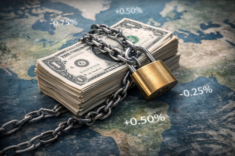 Liasse de billets en dollars américains solidement maintenue par une chaîne et un cadenas, posée sur une carte du monde, illustrant la centralité et la rigidité du dollar dans le système financier international.