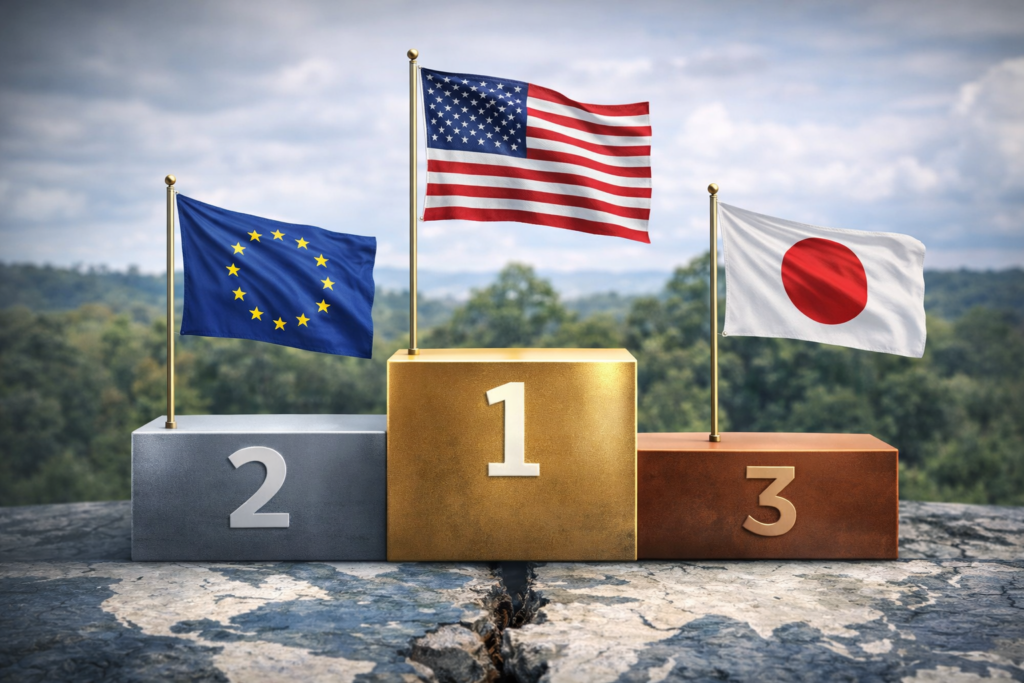 Trois drapeaux nationaux alignés, soumis à des forces de vent différentes, illustrant des performances financières asymétriques sous l’effet d’une devise dominante forte.