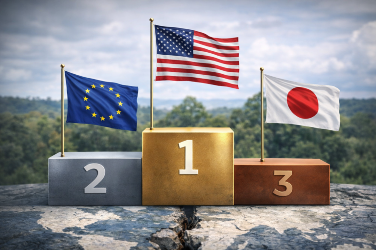 Trois drapeaux nationaux alignés, soumis à des forces de vent différentes, illustrant des performances financières asymétriques sous l’effet d’une devise dominante forte.