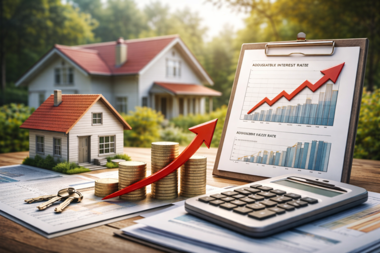Maison individuelle et documents de crédit immobilier illustrant l’impact direct de la remontée des taux hypothécaires variables sur les mensualités des ménages