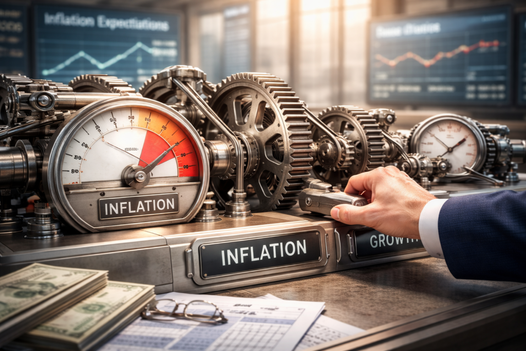 Mécanisme monétaire illustrant le ciblage de l’inflation par les banques centrales à travers des engrenages financiers et des indicateurs macroéconomiques