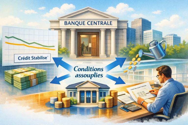 Illustration montrant une banque centrale assouplissant les conditions de crédit, avec flux de liquidité vers les banques et stabilisation du financement de l’économie
