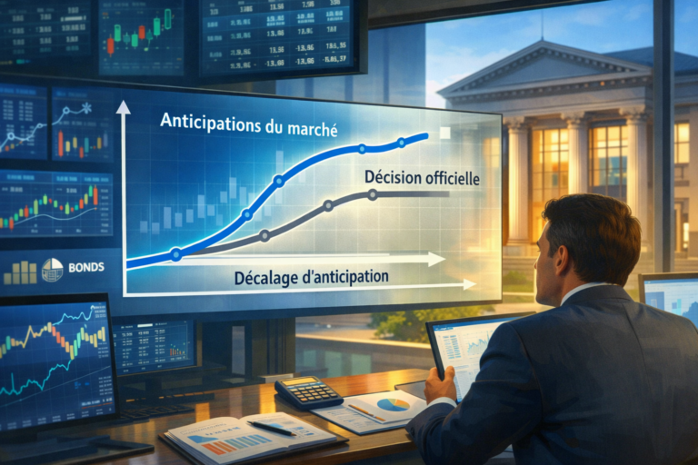 Illustration financière montrant le décalage entre les anticipations des marchés et les décisions officielles d’une banque centrale, visualisé par des courbes sur un écran de trading.