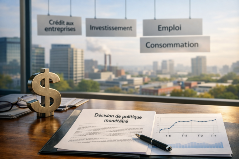 Table de décision financière avec document de politique monétaire et graphiques économiques illustrant le décalage entre décisions de taux et effets réels