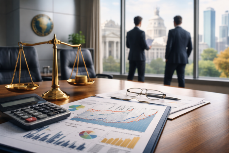 Salle de décision d’une banque centrale avec balance symbolique et skyline institutionnelle, illustrant les contraintes financières pesant sur l’autonomie monétaire