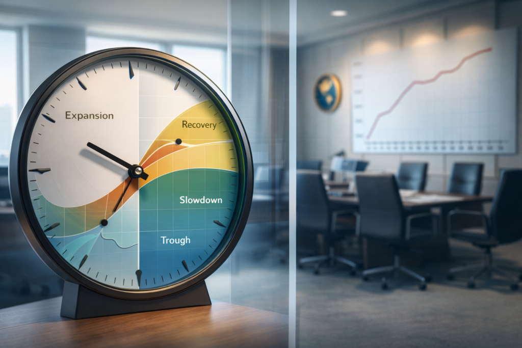 Représentation photoréaliste du cycle économique illustré par des symboles financiers et monétaires, montrant l’articulation entre politique monétaire et phases économiques