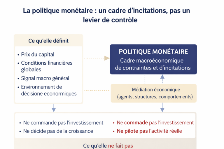 Schéma conceptuel montrant la politique monétaire comme un cadre macroéconomique d’incitations et de contraintes, définissant le prix du capital et les conditions financières sans piloter directement l’économie réelle.
