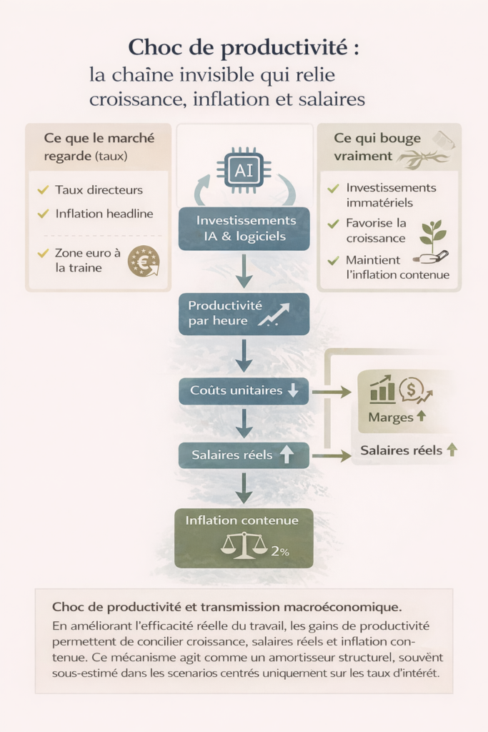 Choc de productivité illustrant la transmission macroéconomique entre investissements en IA, gains de productivité, salaires réels et inflation contenue dans un environnement de taux élevés.