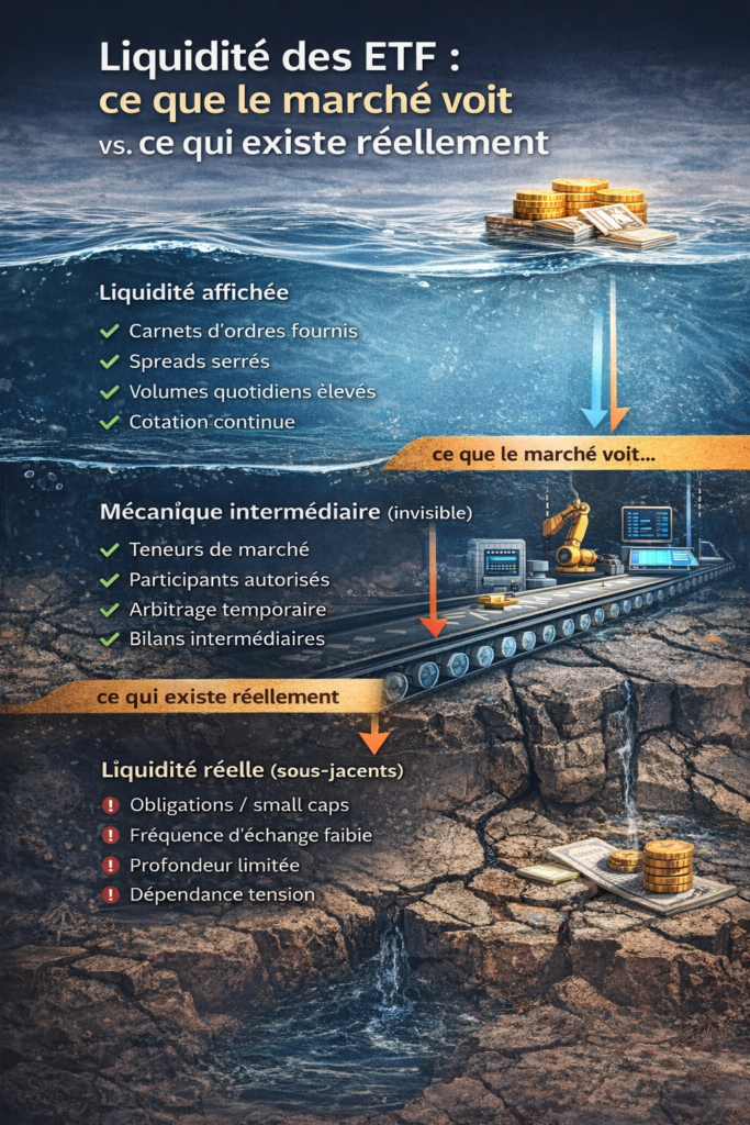 Schéma expliquant l’écart entre la liquidité apparente des ETF et la liquidité réelle des actifs sous-jacents en période de stress de marché