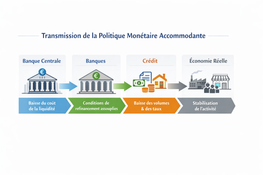 Schéma de transmission de la politique monétaire accommodante montrant la baisse du coût de la liquidité, l’assouplissement du refinancement bancaire, l’évolution du crédit et la stabilisation de l’économie réelle