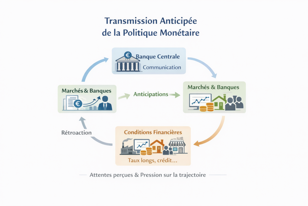 Infographie montrant la transmission anticipée de la politique monétaire à travers la communication de la banque centrale, la formation des anticipations, l’ajustement des conditions financières et leurs rétroactions sur l’économie réelle