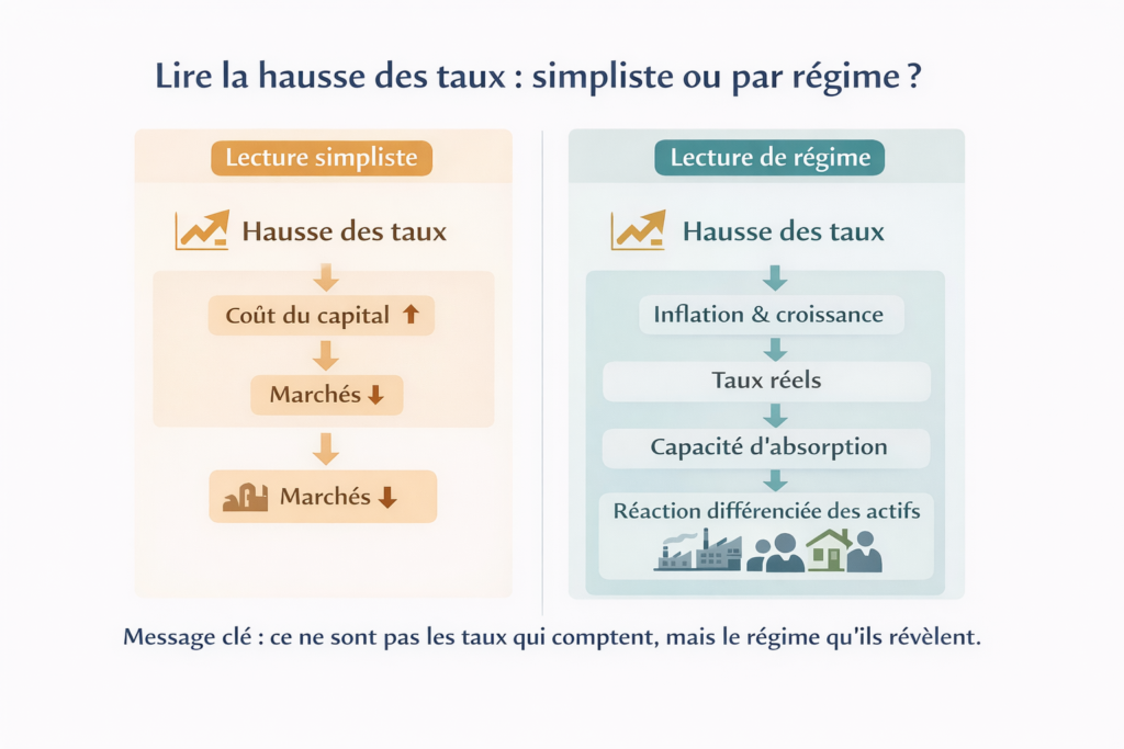 Hausse des taux : lecture simpliste vs lecture de régime Schéma comparant une lecture mécanique hausse des taux = baisse des marchés et une lecture de régime intégrant inflation, taux réels et capacité d’absorption économique