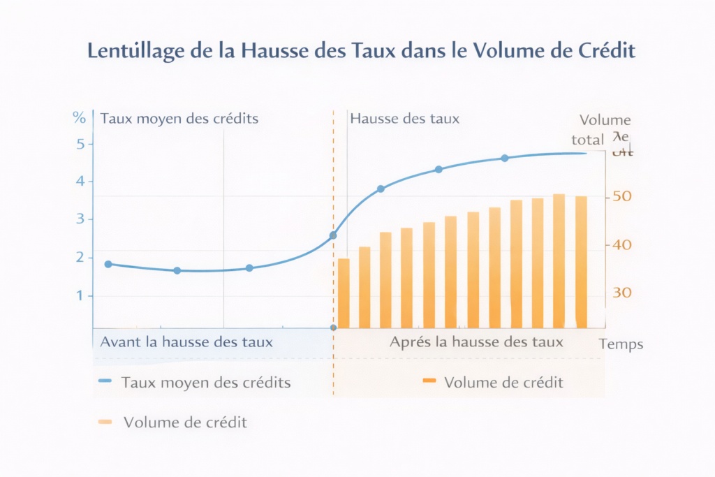 Chart showing the lag between the rise in rates on new loans and the slowdown in bank credit volumes in the euro area, illustrating the delayed transmission of monetary tightening.