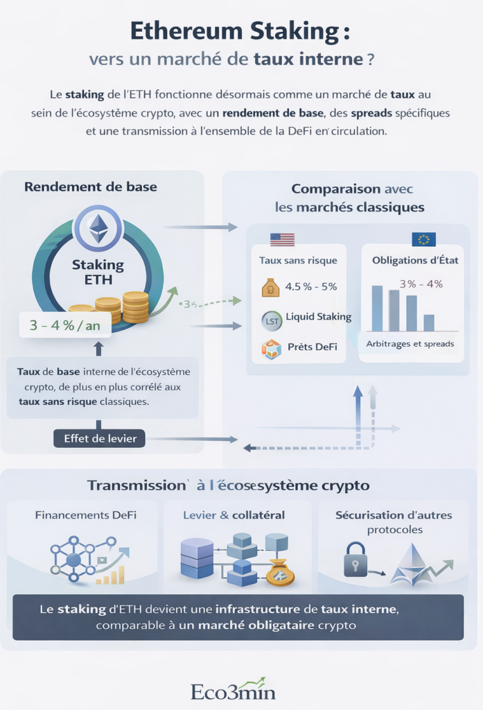 Infographie analytique du staking Ethereum montrant un marché de taux interne : rendement de base, spreads DeFi et MEV, liquid staking et transmission du risque dans l’écosystème crypto