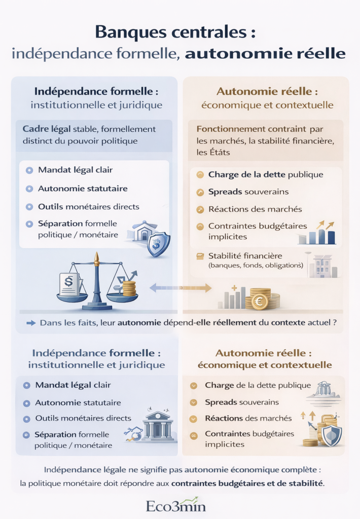 Infographie comparant l’indépendance formelle des banques centrales, fondée sur le cadre juridique et institutionnel, à leur autonomie réelle, contrainte par la dette publique, les marchés financiers et la stabilité économique.
