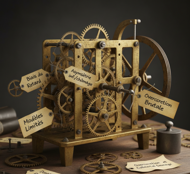 Mécanisme mécanique complexe illustrant des décisions prises avec retard, des corrections brutales et des asymétries de réaction dans un système institutionnel.