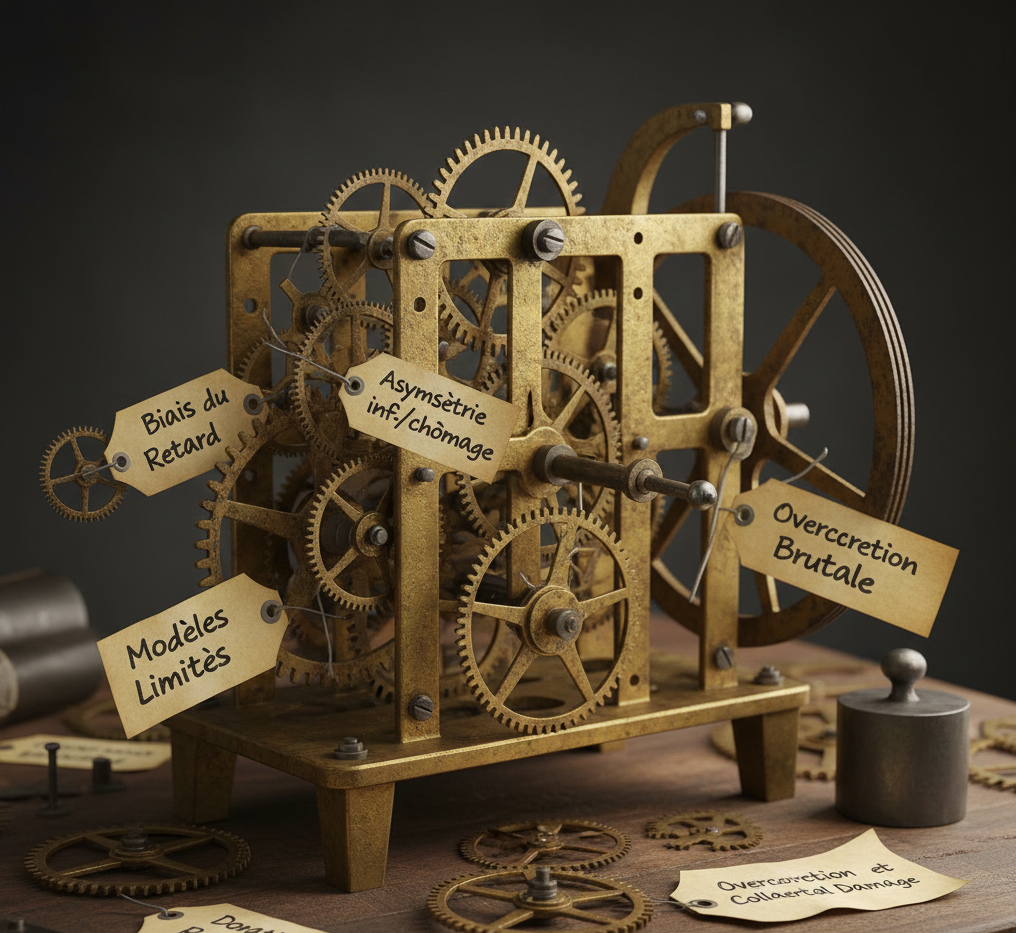 Mécanisme mécanique complexe illustrant des décisions prises avec retard, des corrections brutales et des asymétries de réaction dans un système institutionnel.