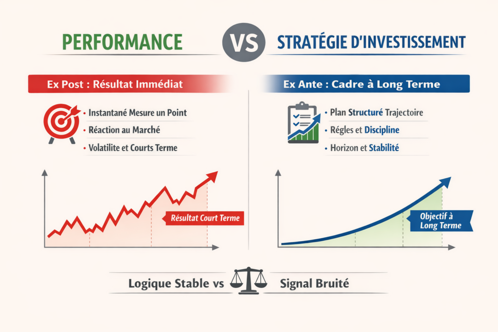 Comparison between ex post performance and ex ante investment strategy highlighting the difference between immediate results and long-term consistency