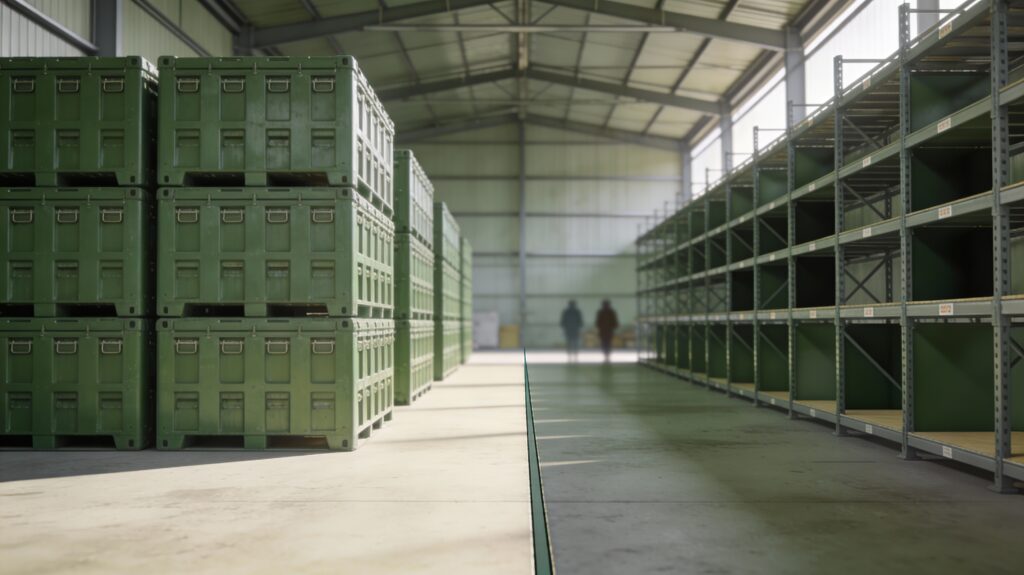 Entrepôt de matières premières avec zones de stockage pleines et vides illustrant l’impact des niveaux de stocks sur la volatilité des prix