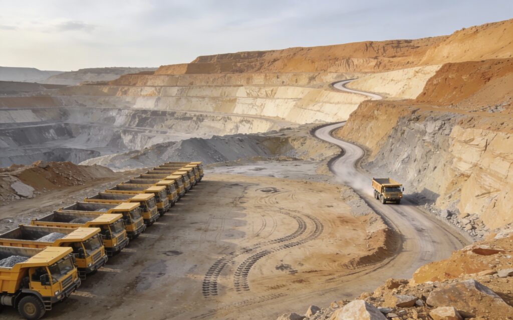 Vue photoréaliste d’une grande mine à ciel ouvert avec des camions-bennes alignés à l’arrêt et une activité partielle, illustrant l’inertie de l’offre et les cycles des matières premières