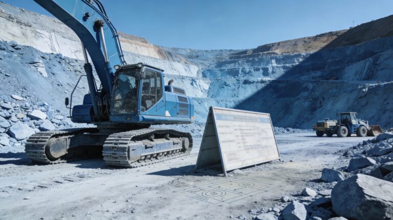 Grande machine d’extraction minière à l’arrêt au premier plan et engins plus petits encore en activité à l’arrière-plan, illustrant le rôle du coût marginal dans le prix d’équilibre des matières premières