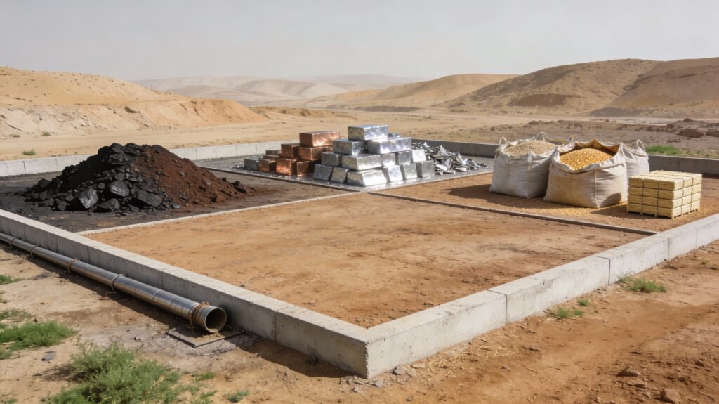 Plateforme extérieure montrant côte à côte un tas de charbon avec une canalisation, des blocs de métal et des sacs de grains, illustrant la distinction entre matières premières énergétiques, métalliques et agricoles