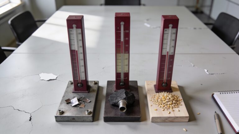 Trois thermomètres posés sur des supports symbolisant l’énergie, les métaux et l’agriculture, avec des niveaux différents, illustrant la réaction hétérogène des matières premières à l’inflation
