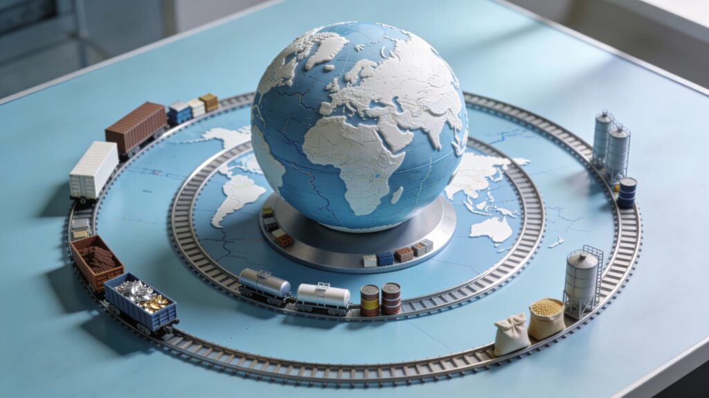 Globe en relief posé sur une table, entouré de pistes circulaires portant des cargaisons miniatures de matières premières, illustrant le lien entre croissance mondiale et demande physique