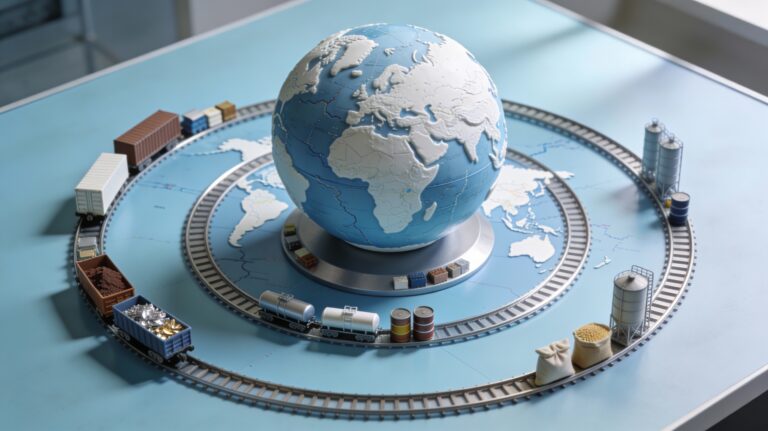 Globe en relief posé sur une table, entouré de pistes circulaires portant des cargaisons miniatures de matières premières, illustrant le lien entre croissance mondiale et demande physique