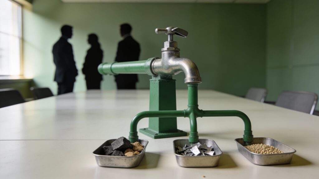 Robinet industriel central dirigeant des flux vers plusieurs bacs remplis de matières premières devant des silhouettes de décideurs, illustrant le contrôle des pays producteurs sur les cycles de prix