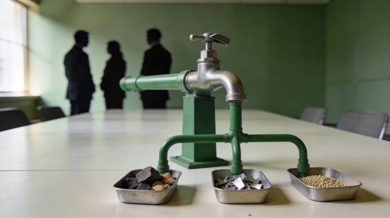 Robinet industriel central dirigeant des flux vers plusieurs bacs remplis de matières premières devant des silhouettes de décideurs, illustrant le contrôle des pays producteurs sur les cycles de prix