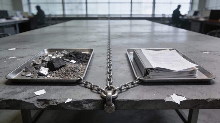 Deux plateaux distincts pour matières premières physiques et contrats dérivés reliés par une chaîne métallique sur une table de salle de marché, illustrant le lien entre marchés physiques et marchés financiers