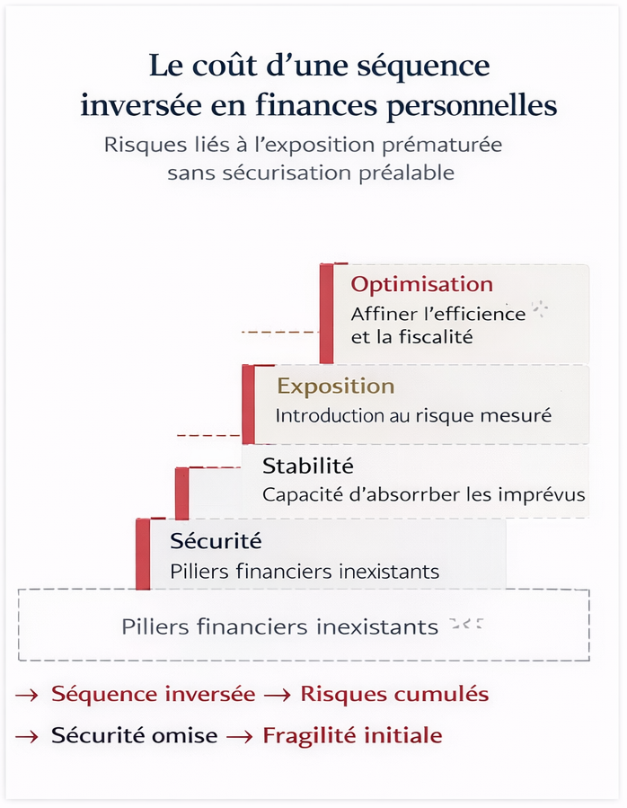 L'inversion de l'ordre sécurité-exposition crée des fragilités cumulatives : sans épargne de précaution, le moindre imprévu force une liquidation à perte des investissements, détruisant le rendement espéré.
