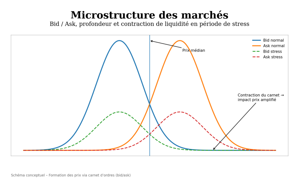 Schéma montrant la profondeur bid/ask du carnet d'ordres et la contraction de liquidité en période de stress amplifiant l'impact prix.