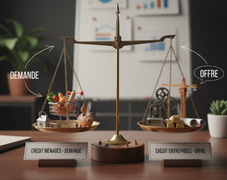Balance illustrant l’opposition entre le crédit aux ménages orienté vers la demande et le crédit aux entreprises orienté vers l’offre productive.