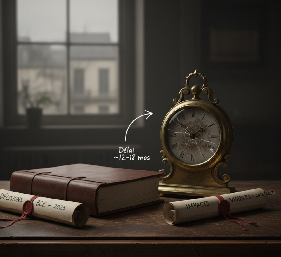 Horloge ancienne posée sur un bureau, illustrant le délai entre les décisions de politique monétaire et leurs effets visibles sur l’économie.