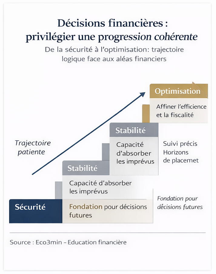 La construction patrimoniale repose sur une séquence structurée : sécurité (épargne de précaution), stabilité (dette maîtrisée), exposition (investissement), optimisation (fiscalité). Chaque étape protège la suivante.