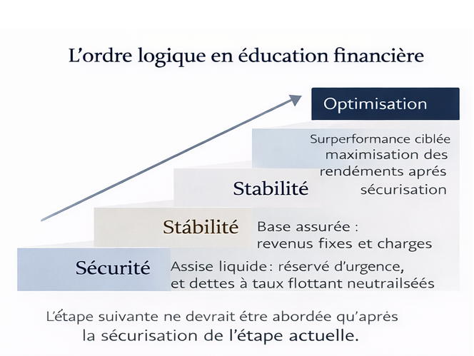 Les quatre étapes du séquençage patrimonial : sécurité (épargne de précaution), stabilité (dette maîtrisée), exposition (investissement long terme), optimisation (fiscalité, allocation fine). Chaque étape protège la suivante.