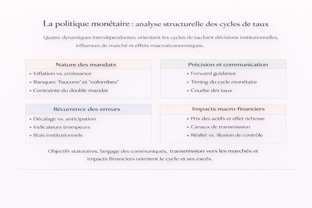 Schéma analytique présentant la politique monétaire à travers quatre axes : mandats des banques centrales, communication et forward guidance, récurrence des erreurs et impacts macro-financiers.