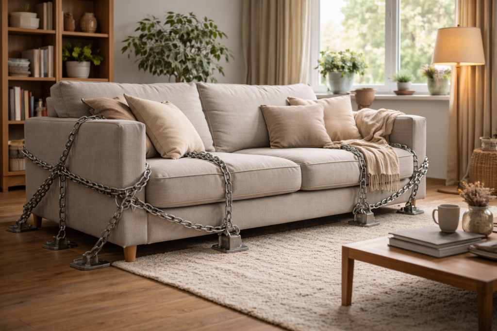 Canapé solidement fixé au sol dans un salon habité et fonctionnel