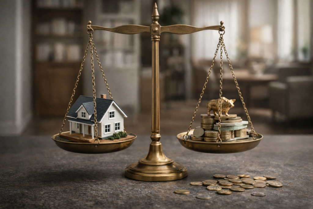 Balance ancienne présentant deux ensembles d’objets de nature différente, disposés séparément