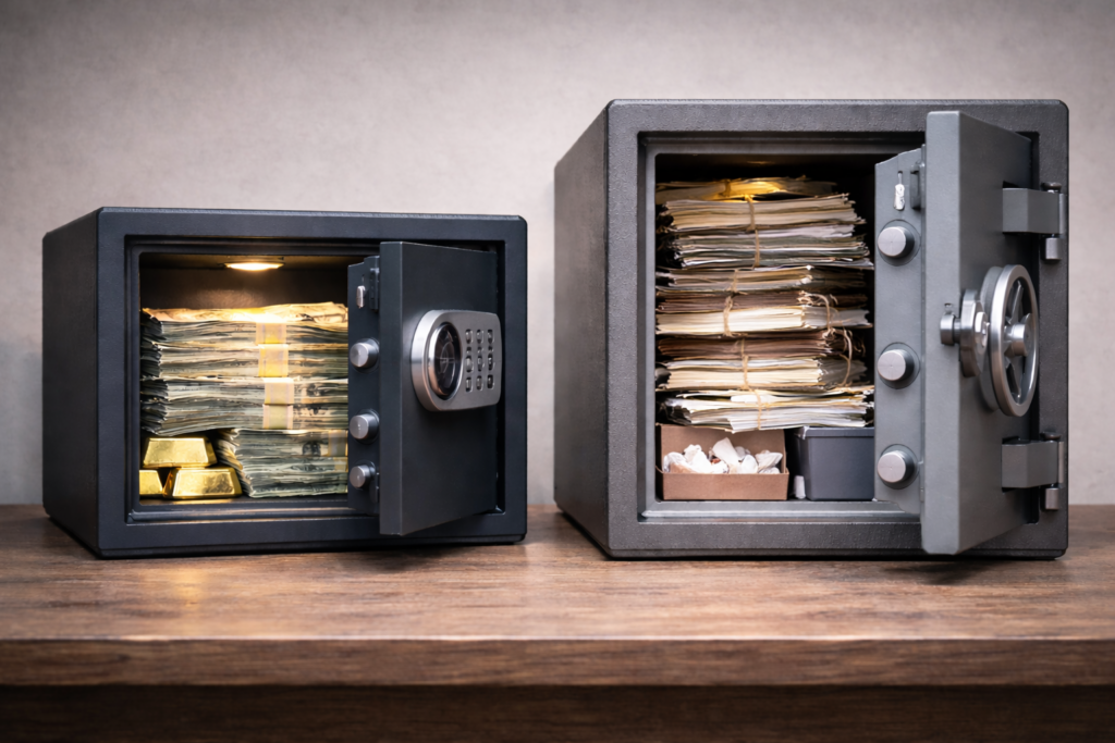 Deux coffres-forts ouverts côte à côte contenant des éléments de nature différente