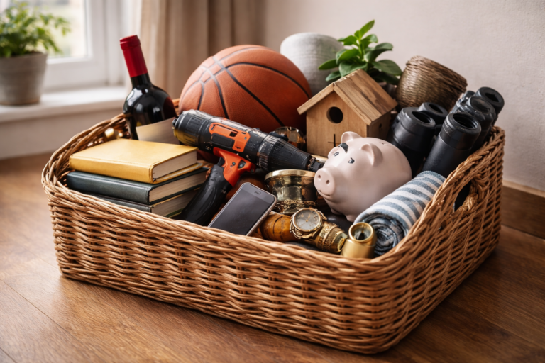 Panier contenant des objets de nature très différente placés ensemble dans un intérieur