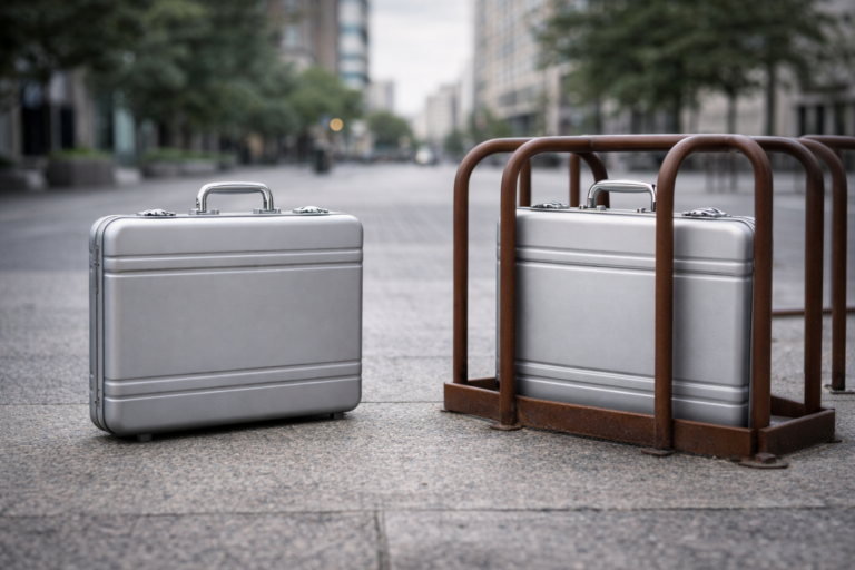 Deux mallettes métalliques identiques posées dans un espace urbain, dont l’une est libre et l’autre physiquement entravée par son environnement