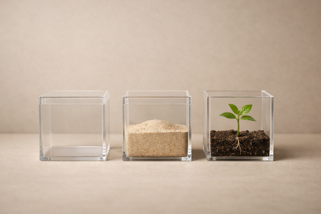 Three identical transparent containers aligned: one empty, the second filled with sand, the third with a rooted young plant, on a neutral beige background