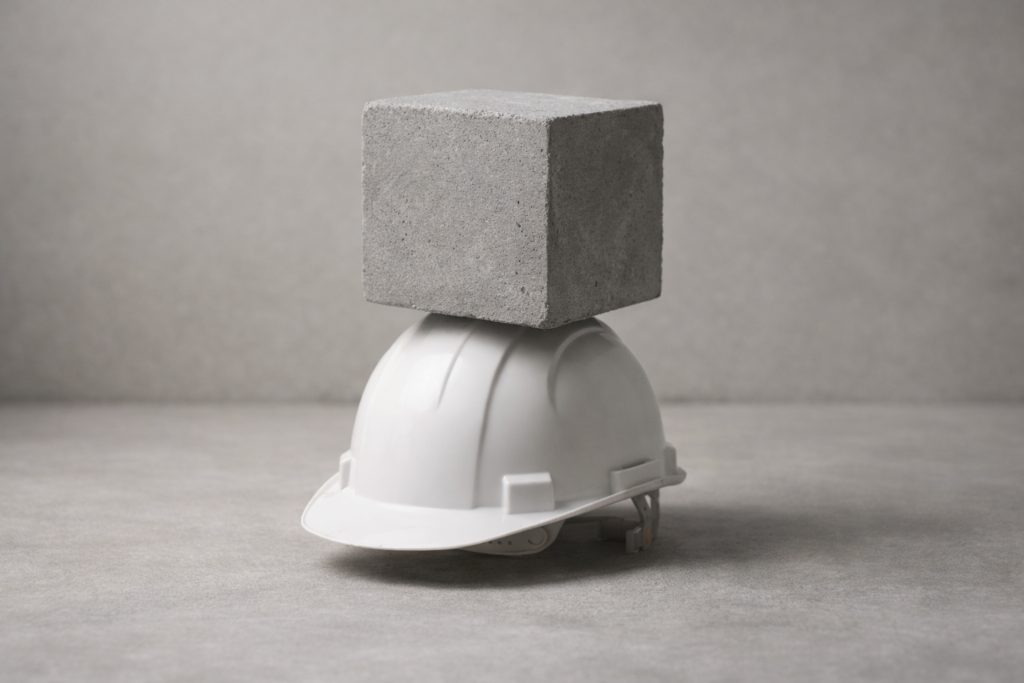 Casque de protection blanc retourné supportant un bloc de béton gris en équilibre instable sur un sol neutre