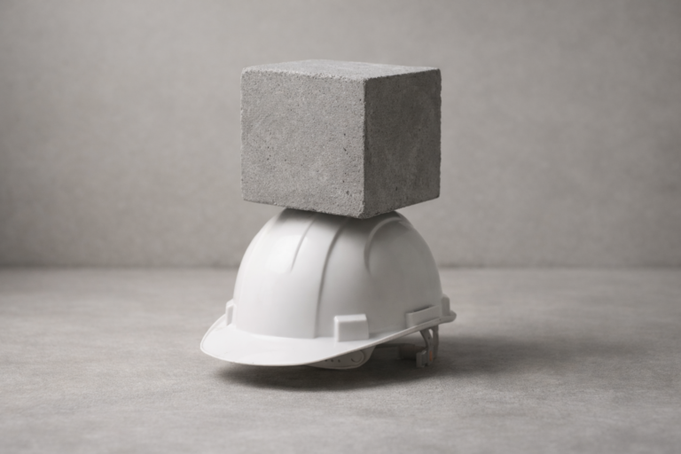 Casque de protection blanc retourné supportant un bloc de béton gris en équilibre instable sur un sol neutre
