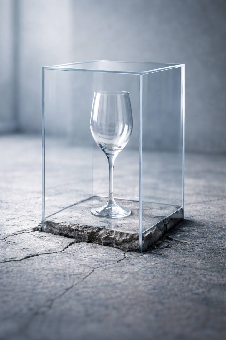 Verre fragile placé sous une vitrine transparente sans fond reposant sur une surface fissurée, dans une ambiance froide